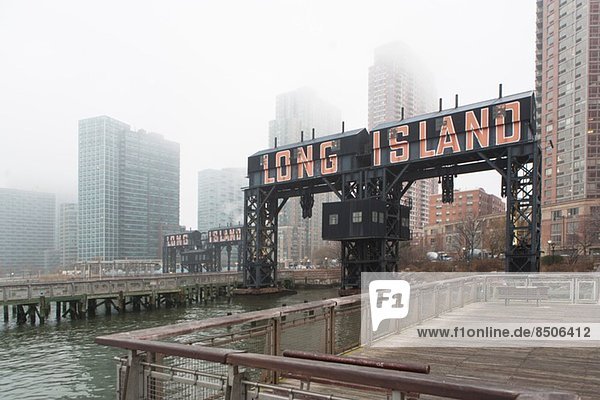 Long Island waterfront in mist  New York City  USA