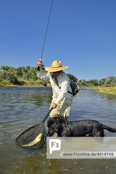 Angler fly fishing with dog