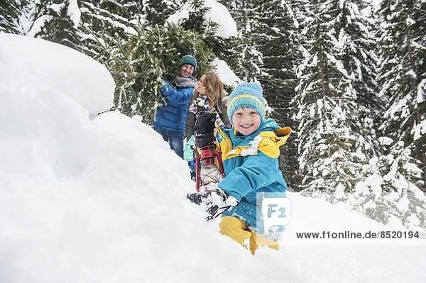 Austria,  Salzburg Country,  Altenmarkt-Zauchensee,  Family walking in snow,  carrying Christmas tree