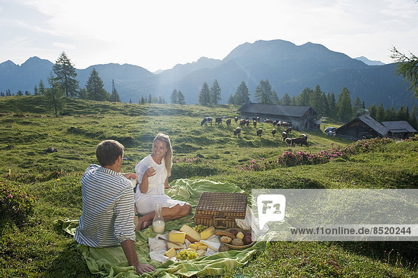 Austria  Salzburg State  Altenmarkt-Zauchensee  couple haßing a picnic on alpine meadow