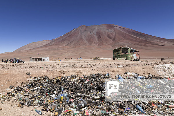 Border Bolißia Chile  Atacama Desert  Pile of trash at Hito Cajon