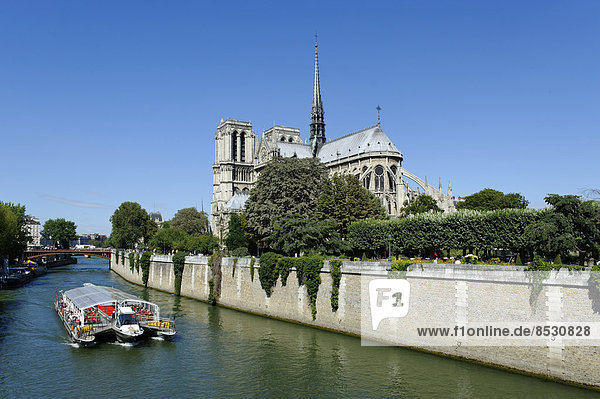 Ostseite  Kathedrale Notre Dame de Paris  Ausflugsschiff  Seine  Seineinsel Île de la Cité  4. Arrondissement  Paris  Frankreich