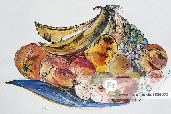 Bunte Illustration einer Obstschale mit Birnen  Bananen  Mandarinen  Trauben und Orangen
