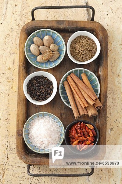 Assorted spices in bowls on a tray