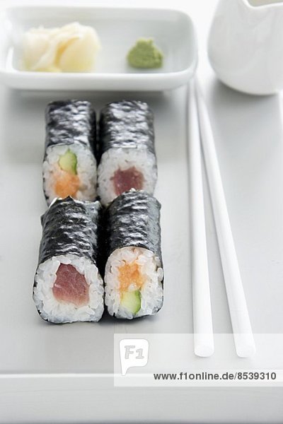 Maki sushi with tuna  salmon and cucumber