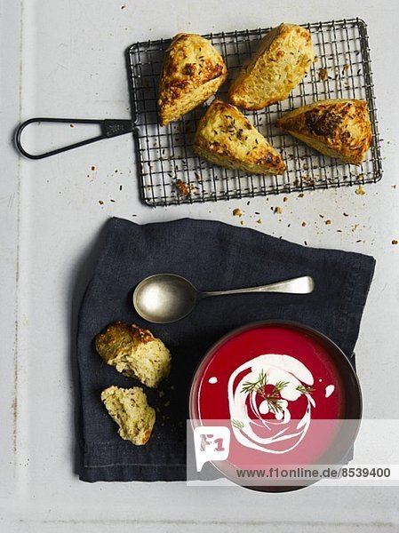 Beetroot soup with cheese scones