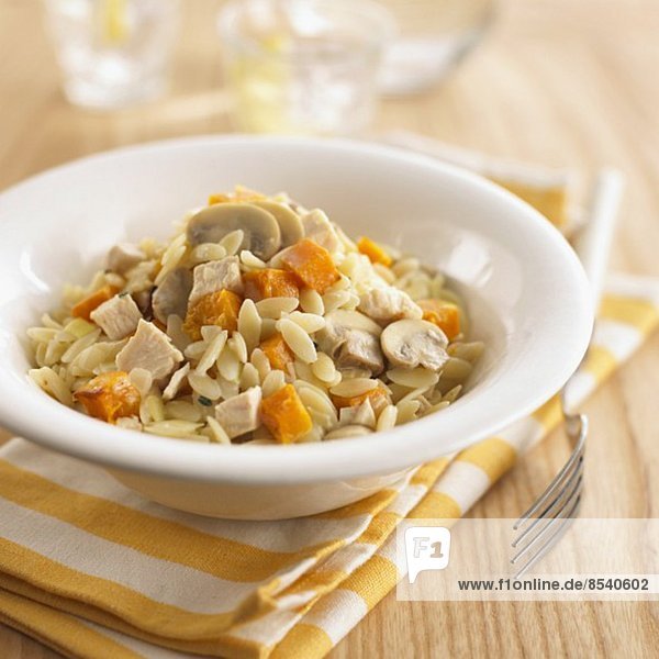 Orzo pasta with squash  mushrooms and chicken