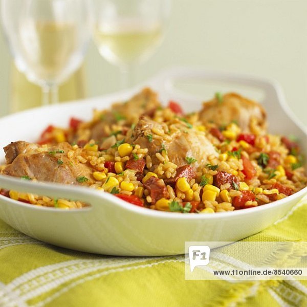 Chicken with rice  chorizo  sweetcorn and peppers (Spain)