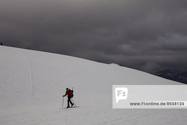 Ein Skifahrer häutet oder traversiert ein Schneefeld hinauf  während sich dunkle Wolken am Mount Baker  Washington  USA  sammeln.