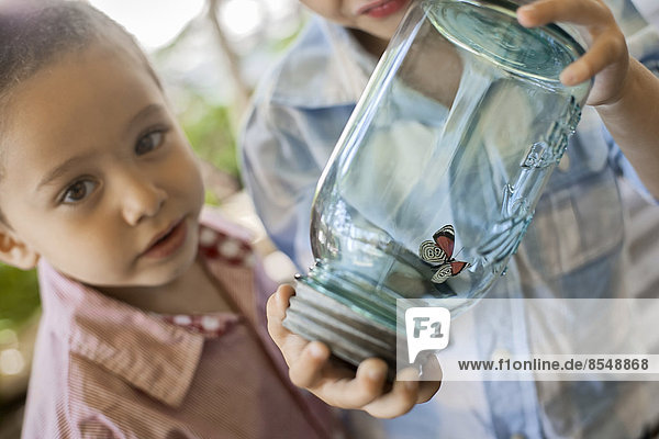 Ein Kind  das ein Glasgefäß hält und einen Schmetterling untersucht.