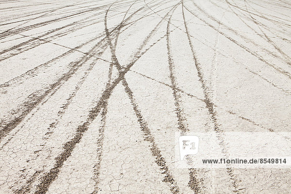 Reifenspuren und Spuren in der Playa-Salzpfannenoberfläche der Black Rock Desert  Nevada.