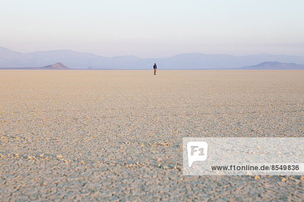 The figure of a man in the empty desert landscape of Black Rock desert  Nevada.