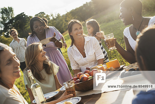 Eine Familie und Freunde bei einer Mahlzeit im Freien. Ein Picknick oder Buffet am frühen Abend.