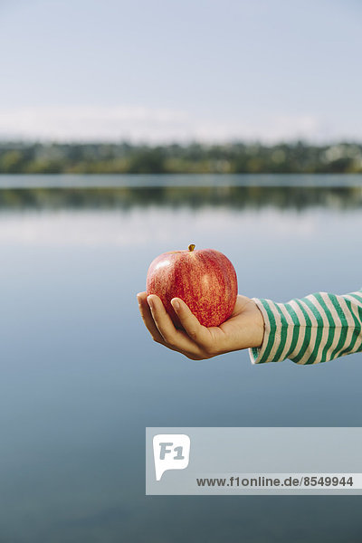 Detail eines neunjährigen Mädchens mit Bio-Apfel