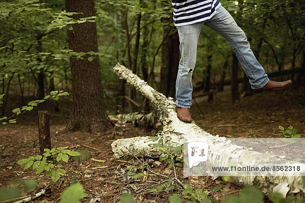 Ein Mann geht im Wald an einem umgefallenen Baumstamm entlang und balanciert mit einem Bein in die Luft erhoben.