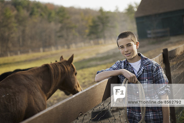 Ein Junge steht am Zaun einer Pferdekoppel. Ein braunes Pferd.