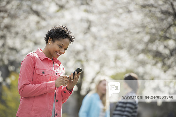 Menschen im Frühling in der Stadt im Freien. Weiße Blüte an den Bäumen. Eine junge Frau  die ihr Handy überprüft und lacht.