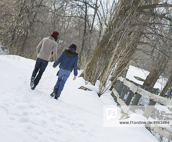 Winter scenery with snow on the ground. A couple walking hand in hand along a path.