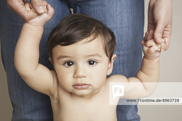 Ein 8 Monate alter kleiner Junge,  der die Hände seiner Eltern hält und aufrecht balanciert.