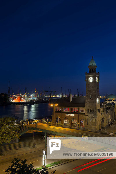 St. Pauli Landing Stages  water level tower in the evening  Hamburg  Germany