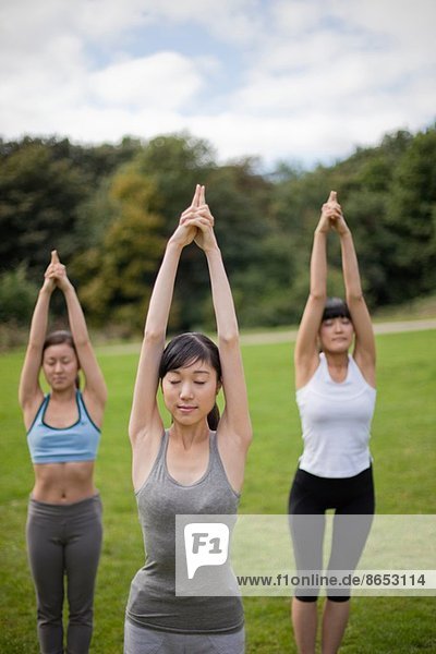 Drei junge Frauen im Park praktizieren Yoga-Position