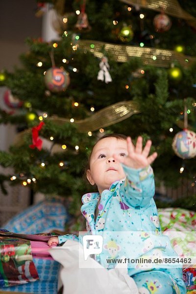 Kleines Mädchen  das nach oben greift  Weihnachtsbaum im Hintergrund
