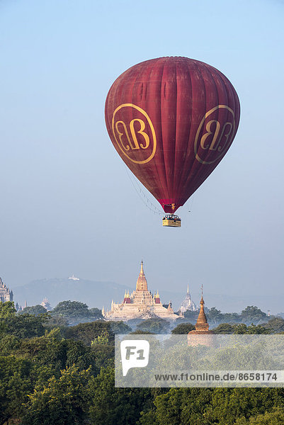 Hot air balloon over the landscape in morning light Ananda Temple temple complex with a gold-plated tower structure or Shikhara stupas pagodas temple complex Plateau of Bagan Mandalay Division Burma or Myanmar