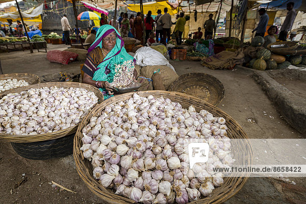 Eine Frau verkauft Knoblauch in Körben auf dem wöchentlichen Gemüsemarkt  Nasik  Maharashtra  Indien