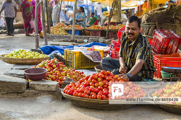 Ein Mann verkauft Tomaten auf dem wöchentlichen Gemüsemarkt  Nasik  Maharashtra  Indien