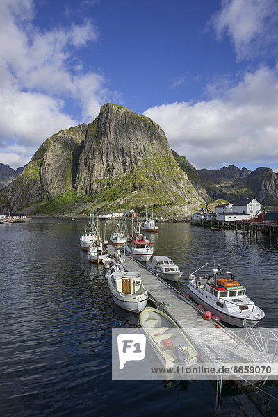 Geschützter Hafen mit Fischerbooten  Hamnøya  Lofoten  Nordland  Norwegen
