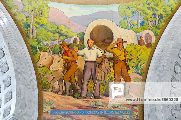 Mormonen  Prophet Brigham Young und Pioniere  Wandmalerei im Kapitol  Salt Lake City  Utah  USA