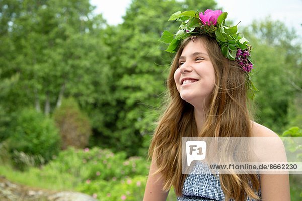 Girl wearing wreath of flowers  Nykoping  Sodermanland  Sweden