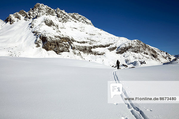 Ski tourer in the high valley above Lech am Arlberg  Vorarlberg  Austria
