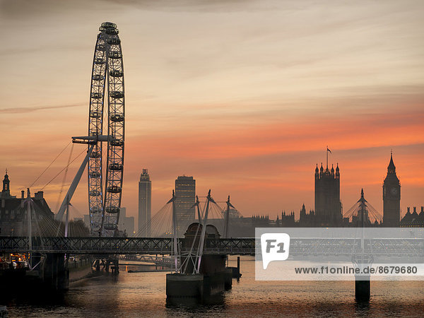 Skyline with London Eye and Hungerford Bridge  London  England  Great Britain  Europe
