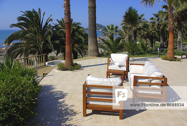 Sitting area of a hotel with view to beach  Mediterranean Sea  Southwestern Turkey