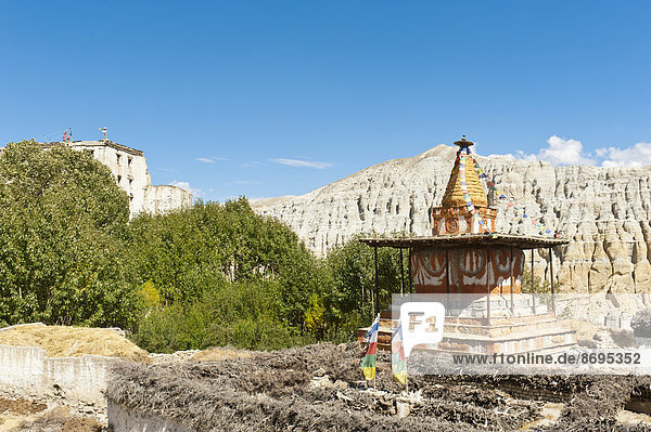 Tibetischer Buddhismus  bunt verzierter Stupa  weiße Ruine  links hinten alter Königspalast  Dzong  Erosionslandschaft  Charang  Tsarang  Oberes Mustang oder Lo  Nepal