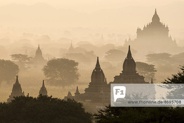 Temples in the morning mist stupas and pagodas in the temple complex of the Plateau of Bagan Mandalay Division Myanmar or Burma