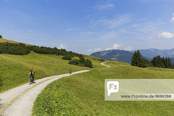 Cyclists on a dirt road  Eggatsbergvorsäß near Schetteregg  Bregenz Forest  Vorarlberg  Austria