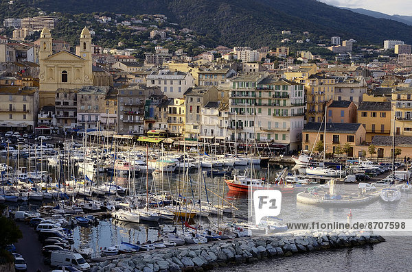 The old port with marina and Saint Jean-Baptiste Church  Port de Plaisance or Vieux Port  historic center  Bastia  Haute-Corse  Corsica  France