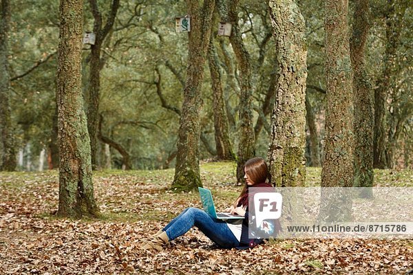 Young woman using laptop in forest