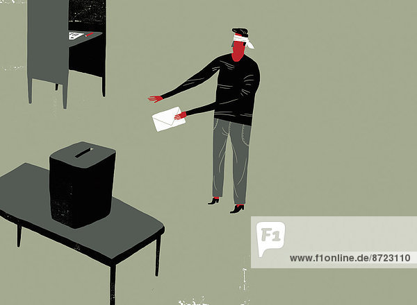 Mann mit verbundenen Augen hält einen Wahlzettel und sucht die Wahlurne
