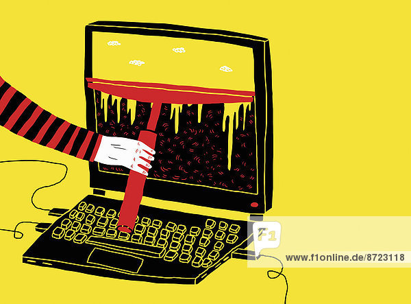 Hand eines Hackers wischt den Bildschirm eines Laptops mit einem Wischer ab