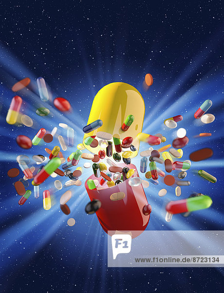 Bunte Pillen und Kapseln explodieren aus einer großen Kapsel