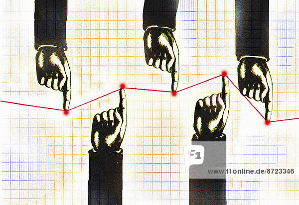 Entgegengesetzte Hände von Geschäftsmännern drücken Liniendiagramm rauf und runter
