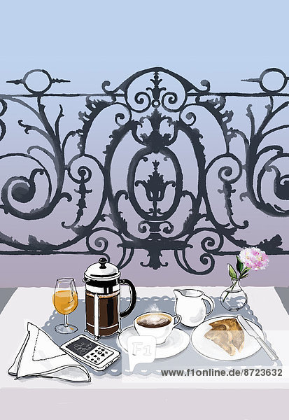 Breakfast and cell phone on elegant balcony table
