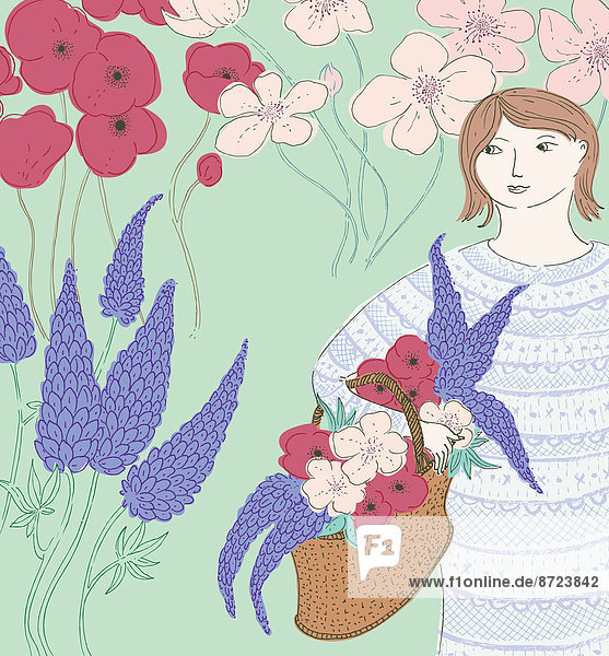 Frau im Garten mit einem Blumenkorb