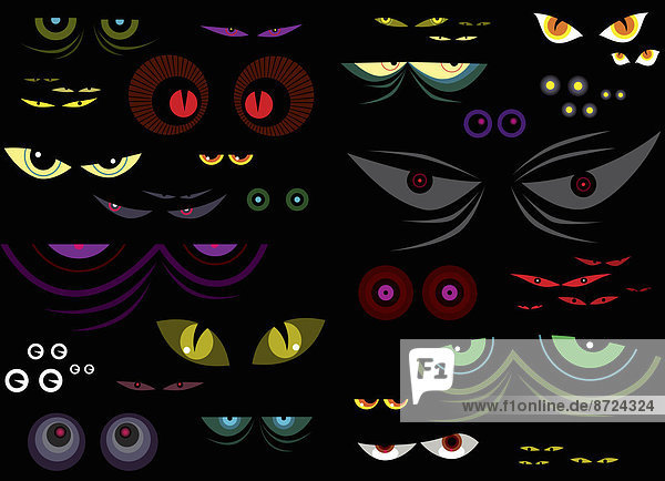 Auswahl leuchtend bunter Augenpaare auf schwarzem Hintergrund