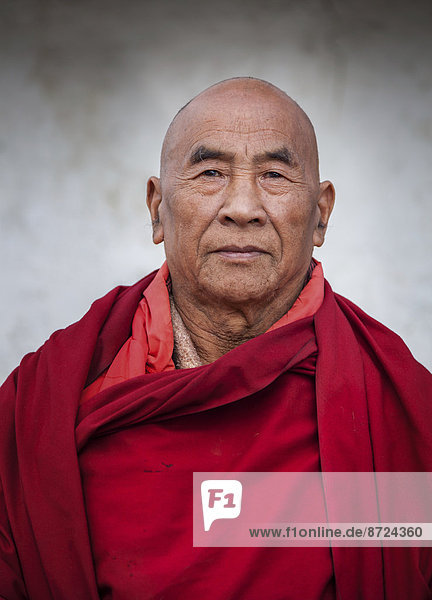 Portrait Senior Senioren fünfstöckig Buddhismus Indien Kloster Mönch