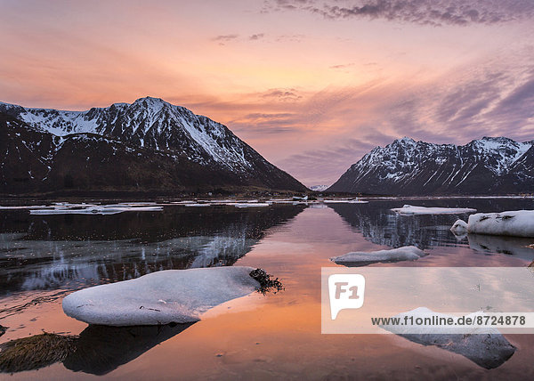 Sonnenuntergang an der Küste von Gimsøy im Winter  Gimsøy  Lofoten  Norwegen