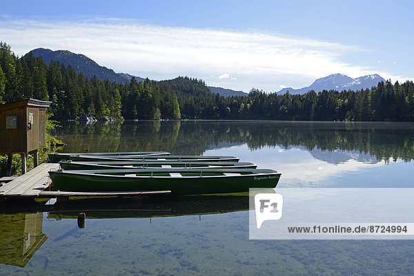 Ruderboote am Steg  Hintersee  Ramsau bei Berchtesgaden  Bayern  Deutschland  Europa